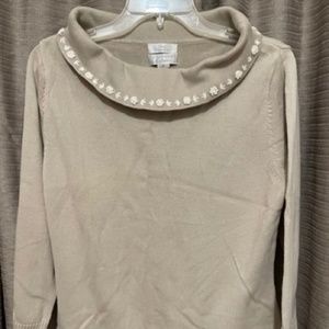 Christopher & Banks Size Medium 3/4 Sleeve Hand Embroidered Beige Sweater